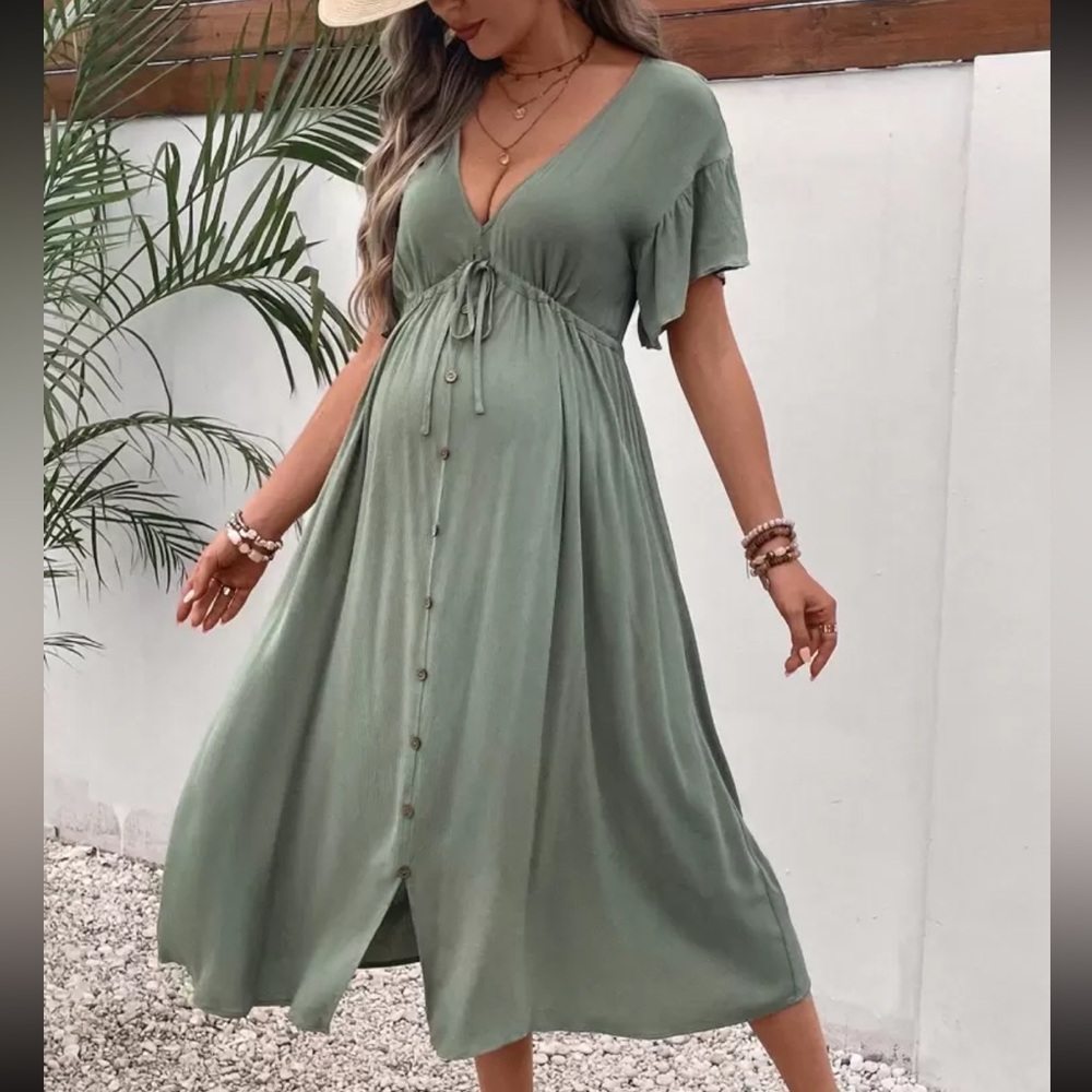 SHEIN Sage Green Button-Front Midi Dress
